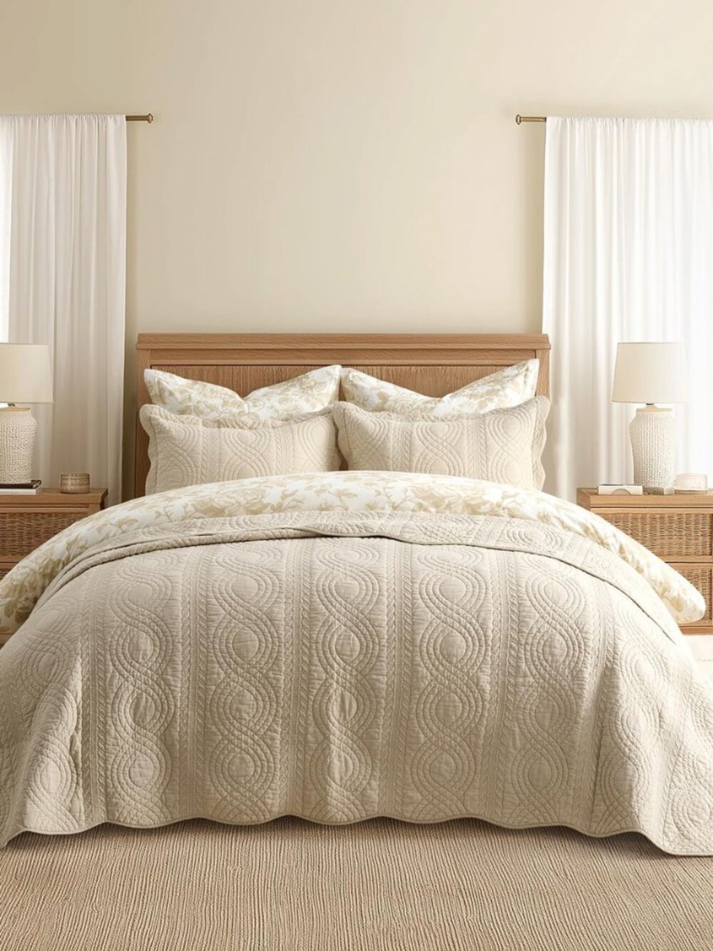 100% Cotton Scallop Quilt Set, King Size, Flax Beige